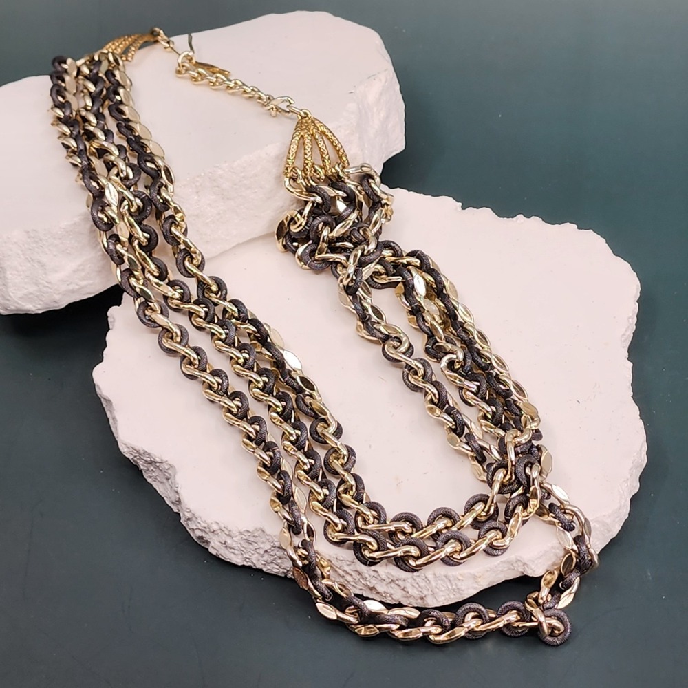 Sarah Coventry Multi Strand Gold Tone Black Chain Statement Necklace Vintage